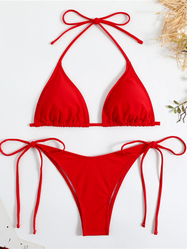 Solid Color Triangle Bikini – Split Strap Design & Moderate Stretch