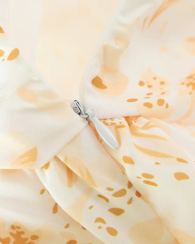 Romantic Pleated Pastoral Dress – Full Body Print, Spring-Summer Style