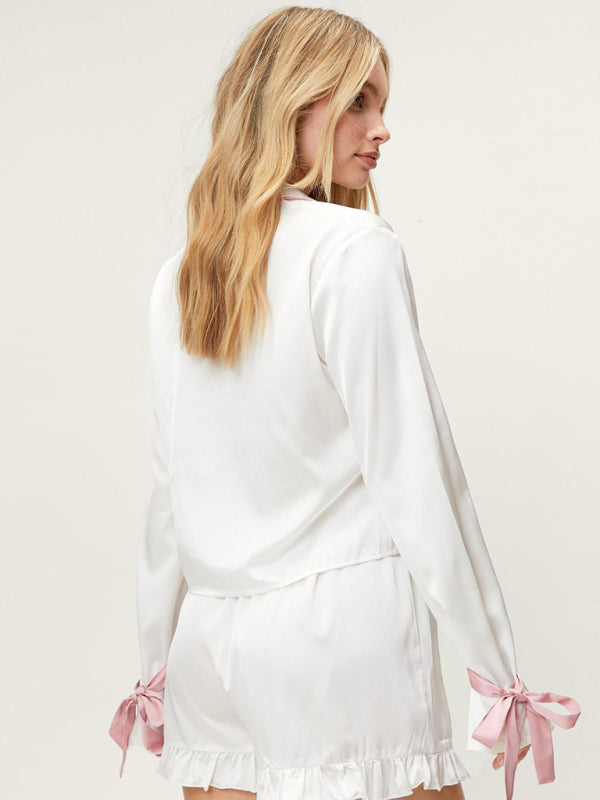 Lapel Long-Sleeve Top & Shorts Lounge Pajama Set – Soft Polyester Blend