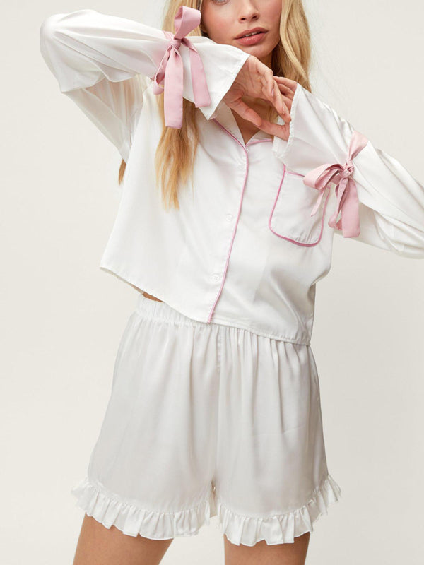 Lapel Long-Sleeve Top & Shorts Lounge Pajama Set – Soft Polyester Blend