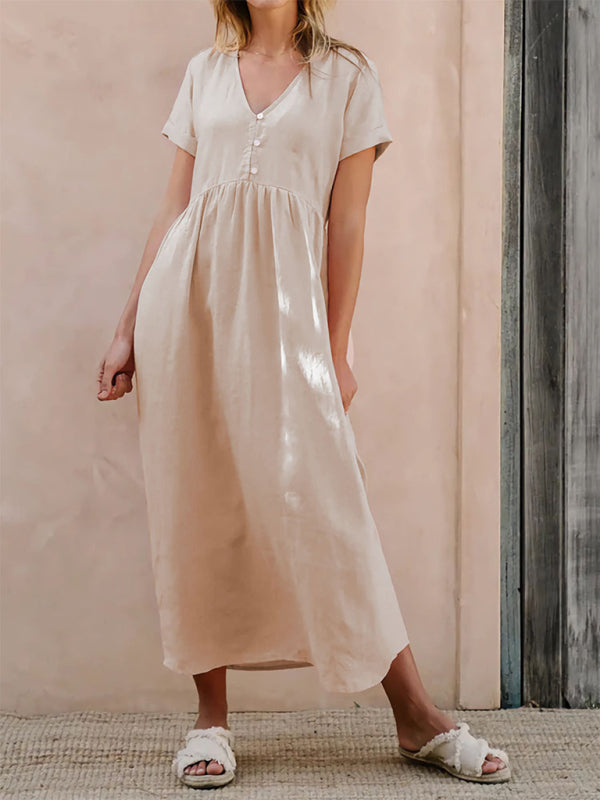 Lockeres Kleid aus Baumwolle in Cracker Khaki – Elegante, langärmlige Freizeitkleidung für den Frühling