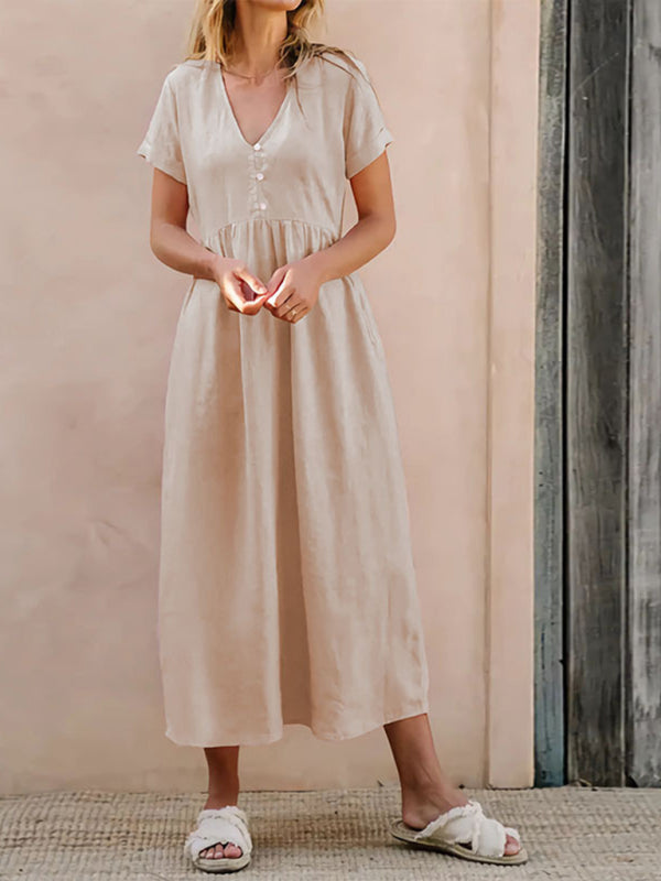 Lockeres Kleid aus Baumwolle in Cracker Khaki – Elegante, langärmlige Freizeitkleidung für den Frühling