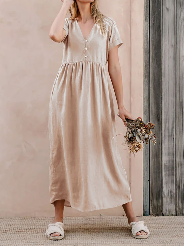 Lockeres Kleid aus Baumwolle in Cracker Khaki – Elegante, langärmlige Freizeitkleidung für den Frühling