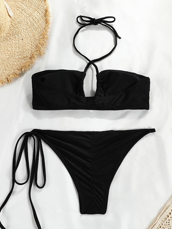 Polka Dot Bandeau Bikini Set – Split Top, Knit Fabric & Moderate Stretch