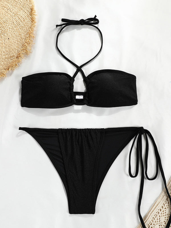 Polka Dot Bandeau Bikini Set – Split Top, Knit Fabric & Moderate Stretch