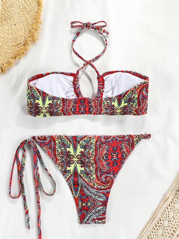 Polka Dot Bandeau Bikini Set – Split Top, Knit Fabric & Moderate Stretch