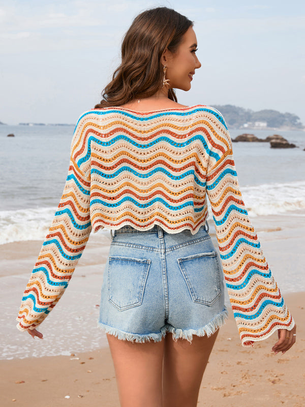 Striped Patchwork Knit Bikini Cover-Up – Round Neck Beach Tunic