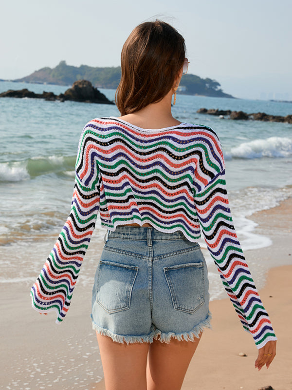 Striped Patchwork Knit Bikini Cover-Up – Round Neck Beach Tunic