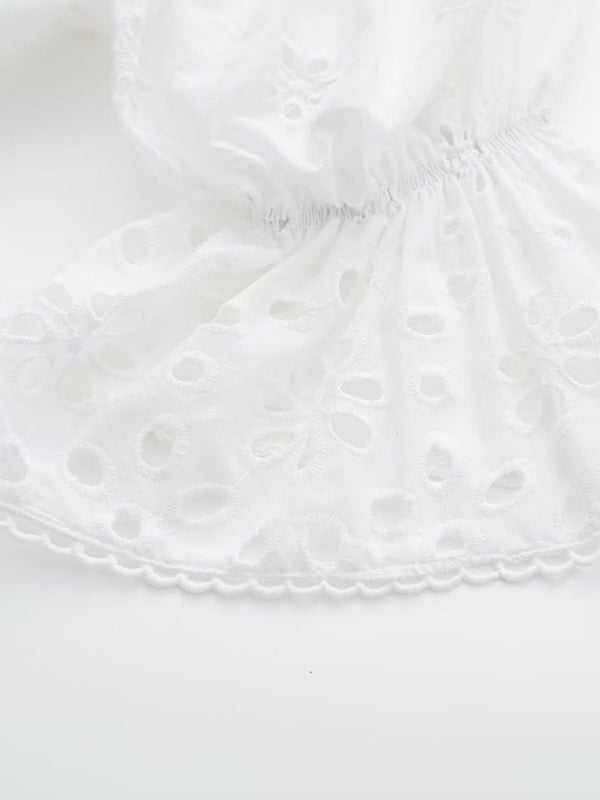 Romantic French Lace Deep V-Neck Short Dress – Hollow Waist, Cotton Blend