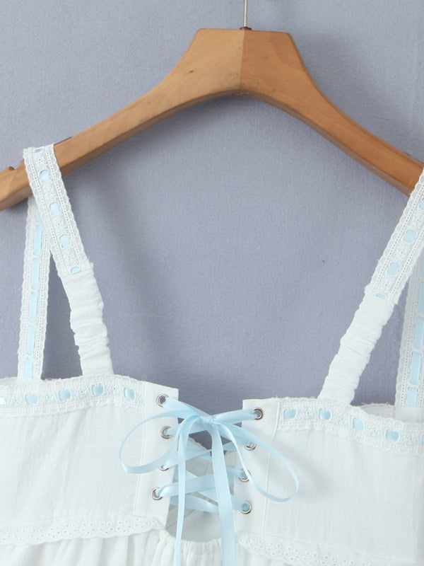 Lace Suspender Mini Dress – Romantic Square Neck in Cotton Blend, White
