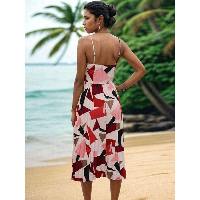 فستان ميدي بطبعة هندسية وقصة على شكل حرف A – أحزمة كتف قابلة للتعديل جاهز للعطلة ابتسامة ماريا - كل شيء للنساء 34651180