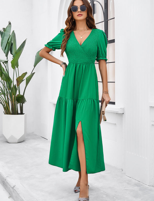 Elegant V-Neck Maxi Dress – Short Sleeves, Woven Fabric in Solid Colors