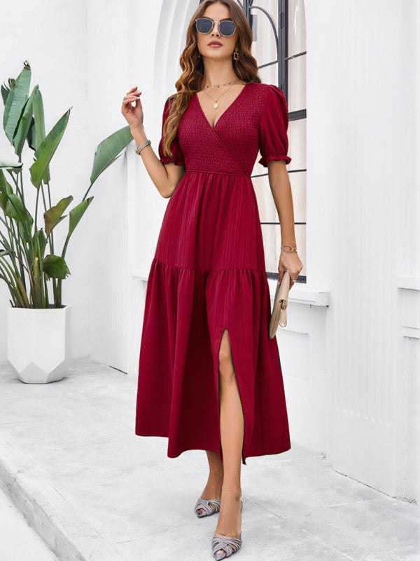 Elegant V-Neck Maxi Dress – Short Sleeves, Woven Fabric in Solid Colors
