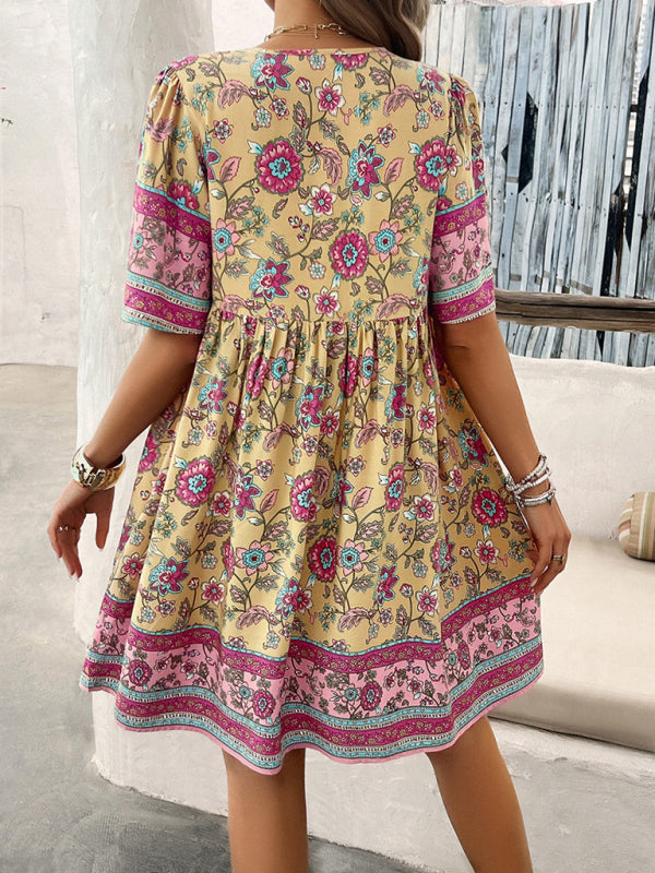 Boho Short Sleeve Midi Dress - Lightweight Viscose, A-line Fit, Summer Essential