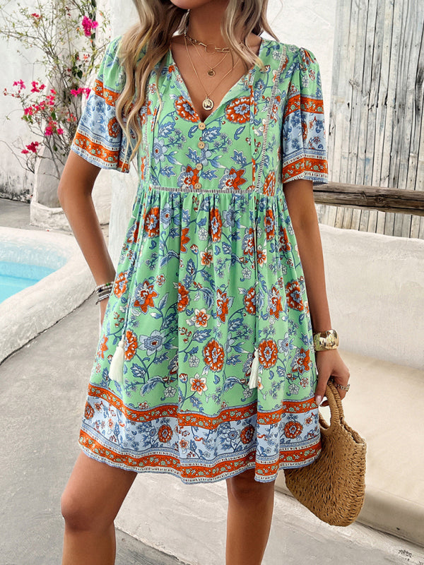 Boho Short Sleeve Midi Dress - Lightweight Viscose, A-line Fit, Summer Essential
