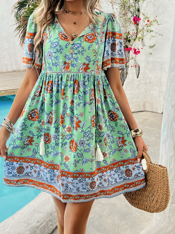 Boho Short Sleeve Midi Dress - Lightweight Viscose, A-line Fit, Summer Essential