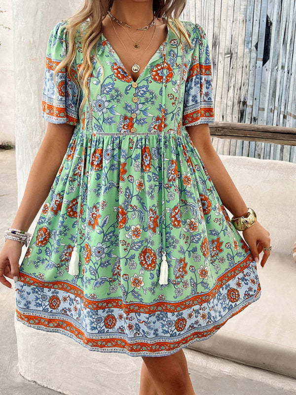 Boho Short Sleeve Midi Dress - Lightweight Viscose, A-line Fit, Summer Essential