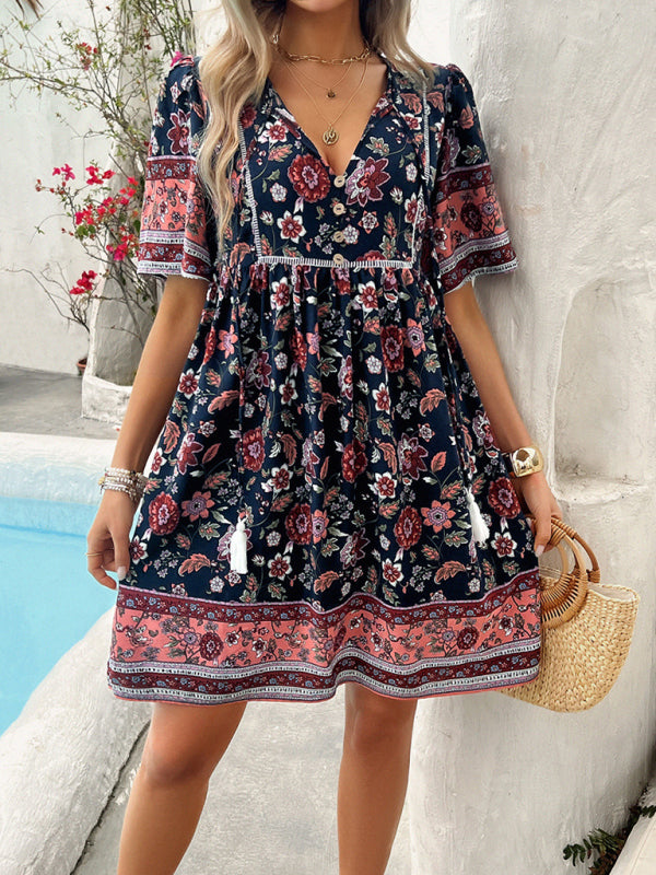 Boho Short Sleeve Midi Dress - Lightweight Viscose, A-line Fit, Summer Essential