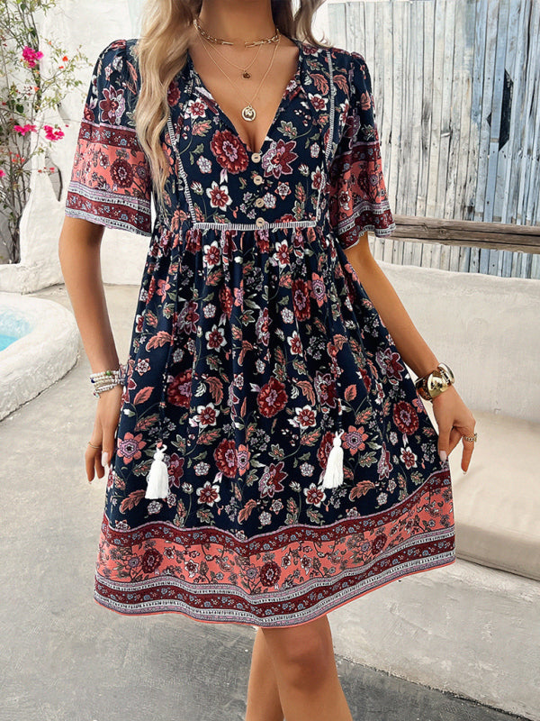 Boho Short Sleeve Midi Dress - Lightweight Viscose, A-line Fit, Summer Essential