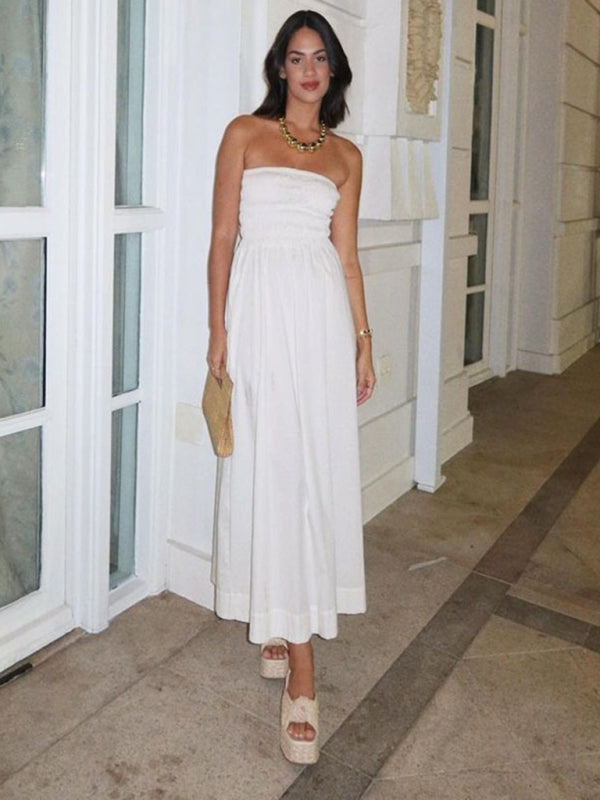 Tube Top Stripe Midi Dress – Strapless Woven Dress for Spring & Summer