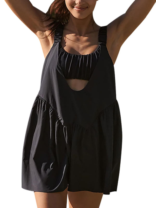 Backless Sports Dress with Built-In Shorts – Cotton Blend, Spring Style