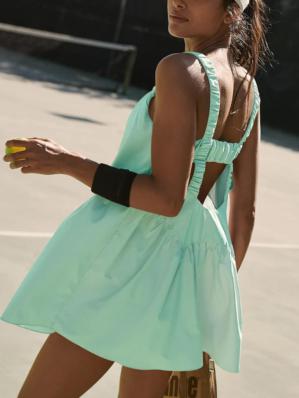 Backless Sports Dress with Built-In Shorts – Cotton Blend, Spring Style