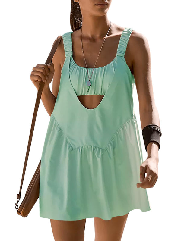Backless Sports Dress with Built-In Shorts – Cotton Blend, Spring Style
