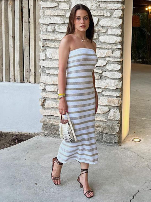 Striped Bohemian Tube Top Dress – Slim Fit Beach Skirt in Cotton Blend