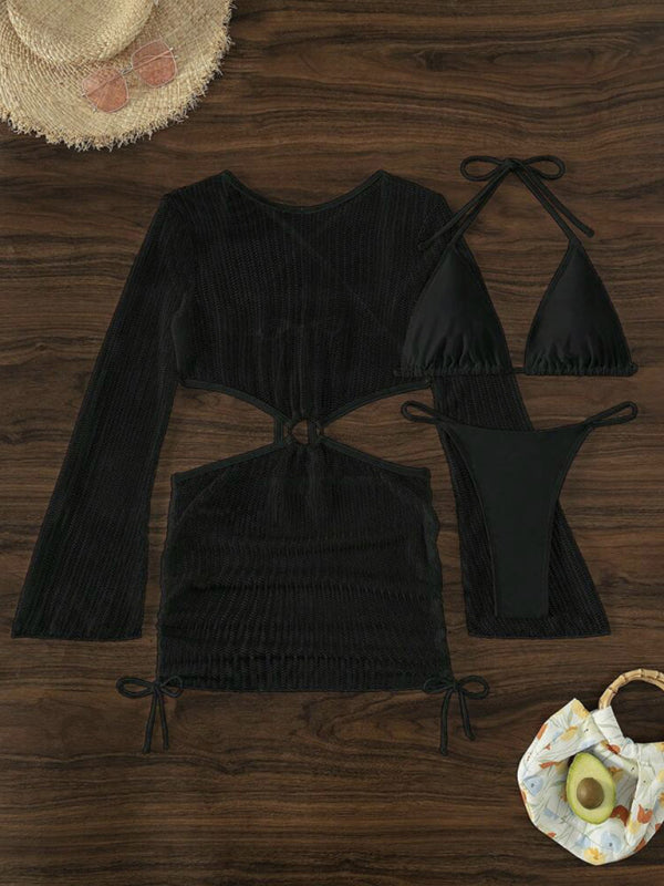 Mesh Drawstring Bikini 3-Piece Set – Sheer Cover-Up, Sexy Solid Colors