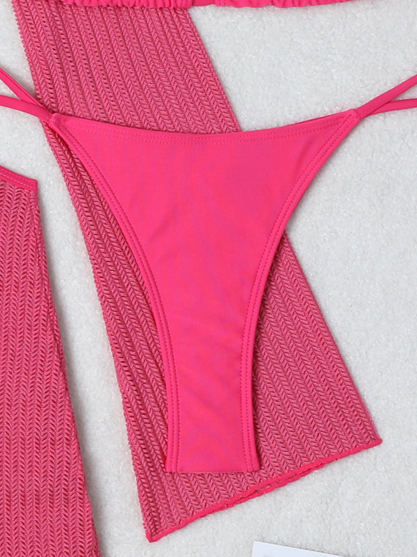 Mesh Drawstring Bikini 3-Piece Set – Sheer Cover-Up, Sexy Solid Colors