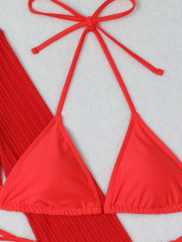 Mesh Drawstring Bikini 3-Piece Set – Sheer Cover-Up, Sexy Solid Colors