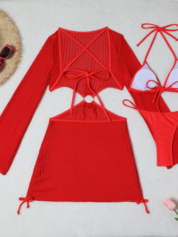 Mesh Drawstring Bikini 3-Piece Set – Sheer Cover-Up, Sexy Solid Colors