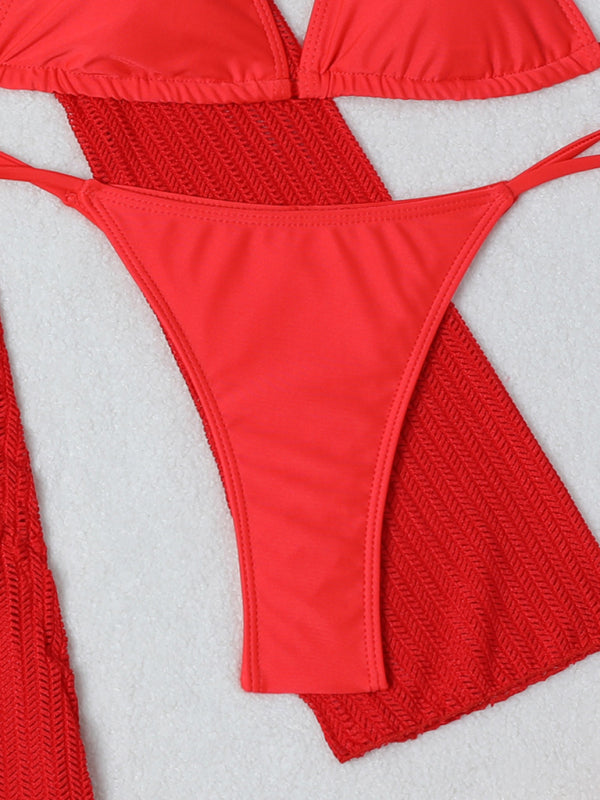 Mesh Drawstring Bikini 3-Piece Set – Sheer Cover-Up, Sexy Solid Colors