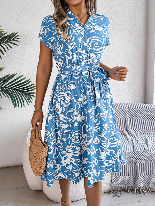 Floral V-Neck Button-Down Batwing Sleeve Dress – Lightweight Woven Midi