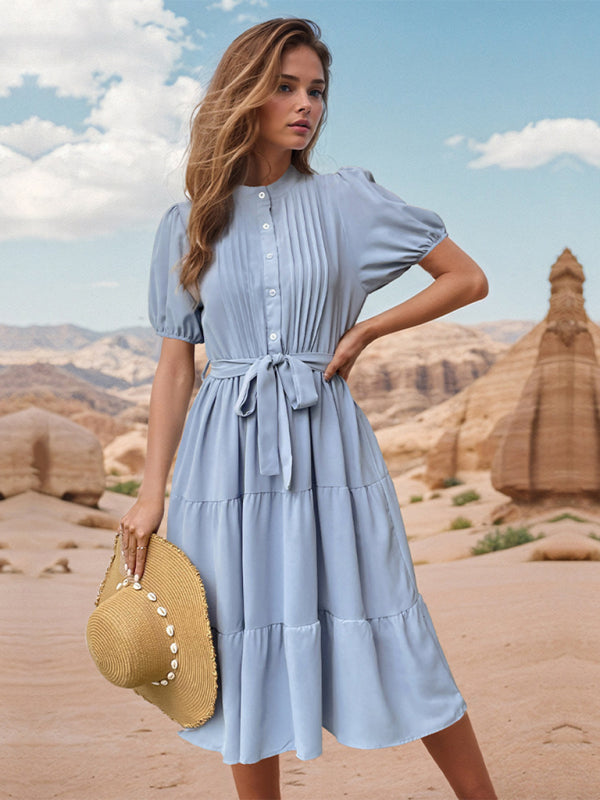 Stand Collar Midi Dress - Pleated Sleeves & Lace-up Waist For A Timeless Fit
