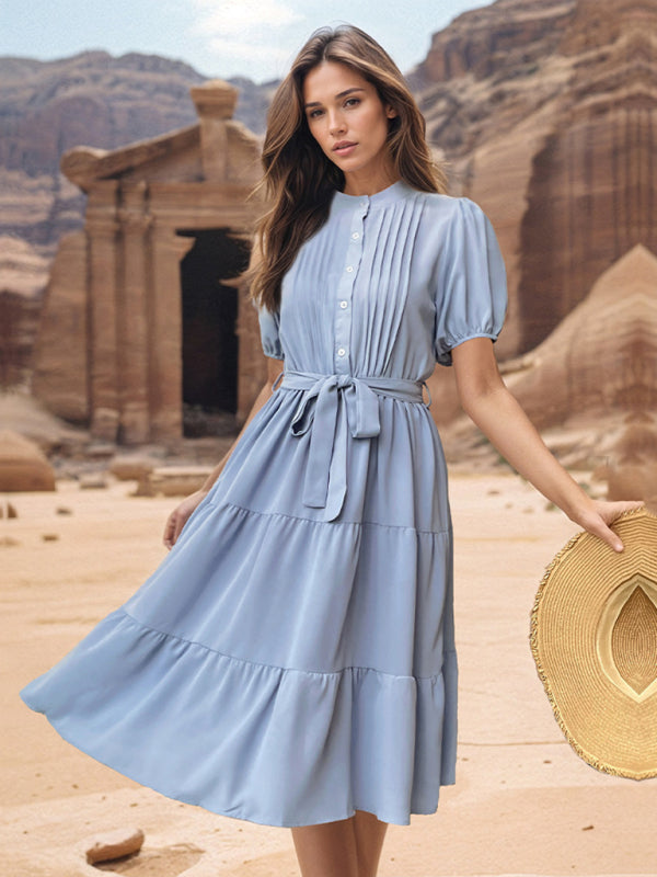 Stand Collar Midi Dress - Pleated Sleeves & Lace-up Waist For A Timeless Fit