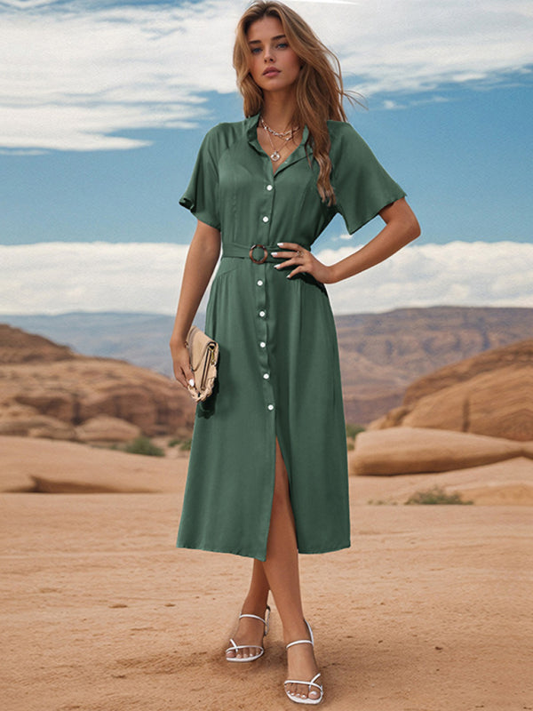 Olive Green Lapel Button-Up Midi Dress – 100% Rayon Spring Casual