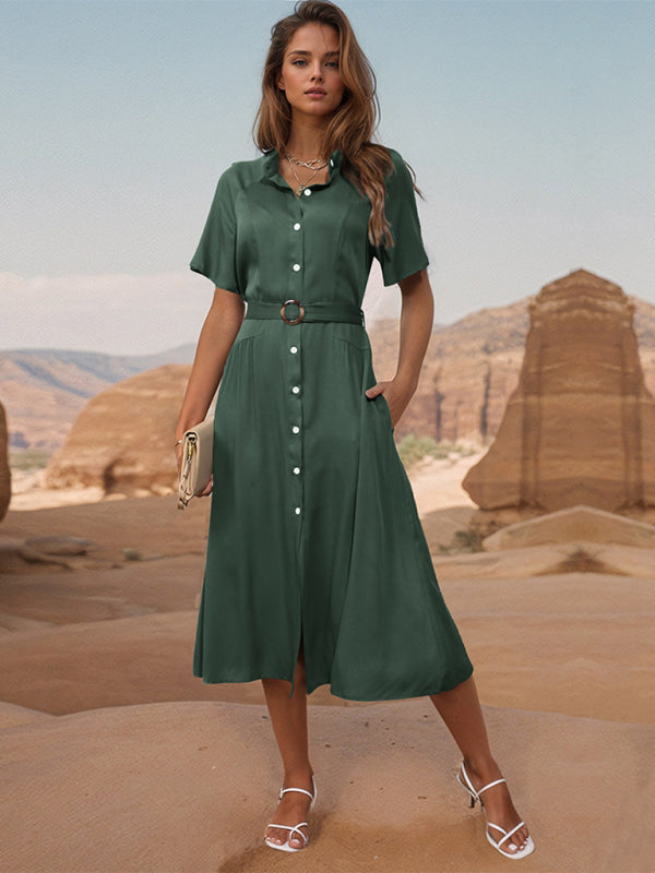 Olive Green Lapel Button-Up Midi Dress – 100% Rayon Spring Casual
