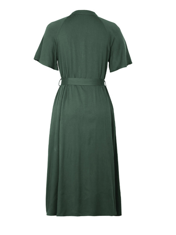 Olive Green Lapel Button-Up Midi Dress – 100% Rayon Spring Casual