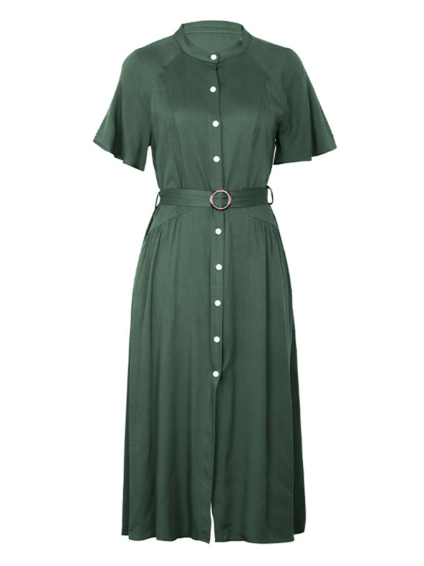 Olive Green Lapel Button-Up Midi Dress – 100% Rayon Spring Casual