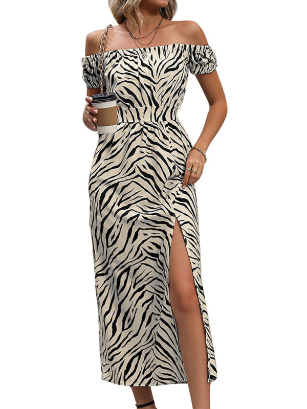 Damen-Gewebtes Kleid mit Animal-Print und U-Boot-Ausschnitt – Cracker Khaki, ohne Stretch, Frühling/Sommer