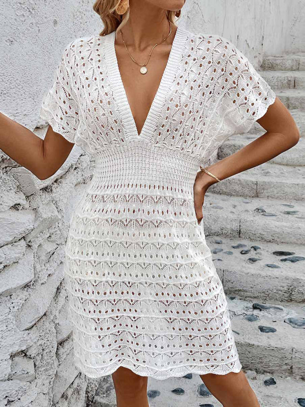 Sexy Deep V-Neck Knit Beach Cover-Up – Elastic Waist & Sheer Hollow Detail