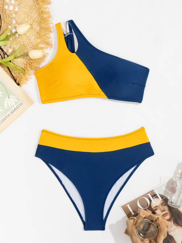Colorblock One-Shoulder Split Swimsuit – Sexy Cut-Out Bikini, Yellow