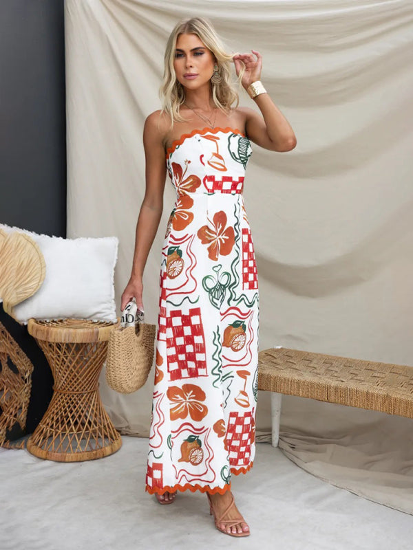Romantic Pleated Strapless Midi Dress – Full Print, Elegant Spring & Summer Look