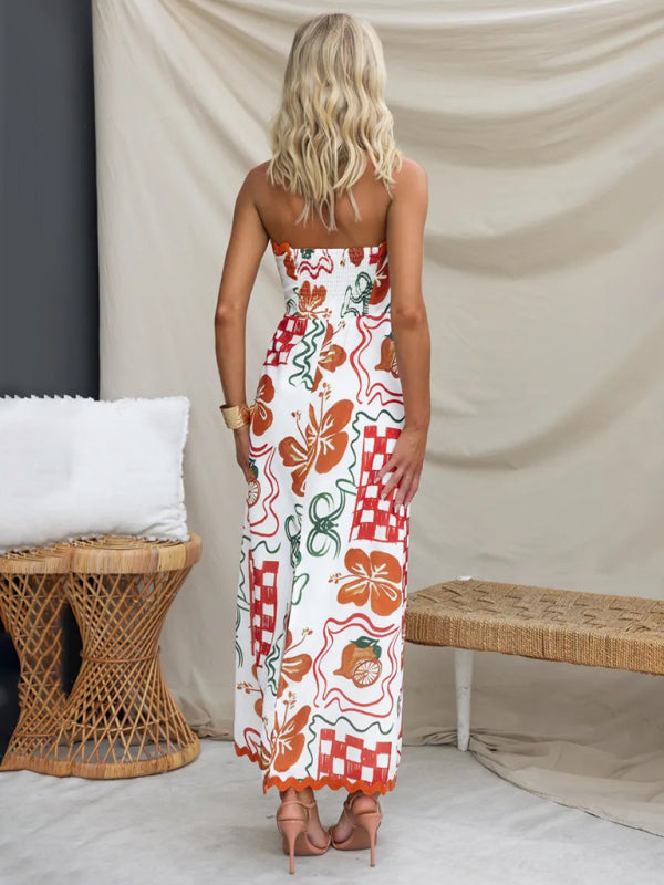 Romantic Pleated Strapless Midi Dress – Full Print, Elegant Spring & Summer Look