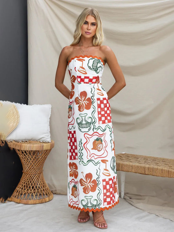 Romantic Pleated Strapless Midi Dress – Full Print, Elegant Spring & Summer Look