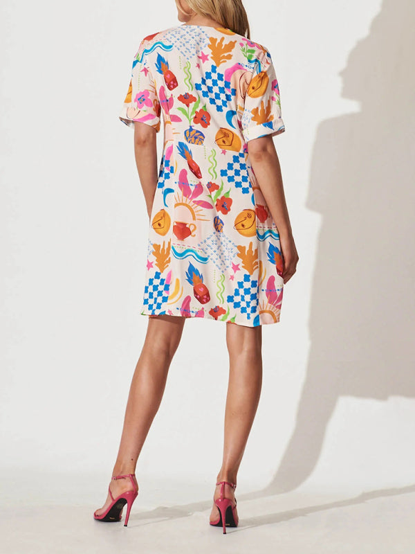 Single-Breasted Blue Holiday Dress – Relaxed Fit with Full Print for Summer Travel