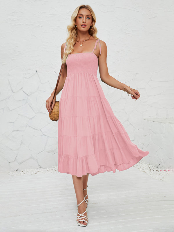 Romantic A-Line Sleeveless Suspender Dress – Woven Polyester, Solid Color