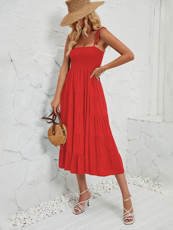 Romantic A-Line Sleeveless Suspender Dress – Woven Polyester, Solid Color