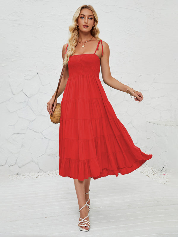 Romantic A-Line Sleeveless Suspender Dress – Woven Polyester, Solid Color